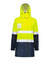 A high visibility ultralite waterproof jacket in bright yellow and navy, featuring reflective stripes and a hood.
