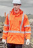 An orange waterproof jacket with reflective stripes, worn by a man in a hard hat and gloves, set against a cloudy background.