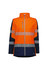 A women's 2-in-1 stretch softshell jacket in orange and navy, featuring reflective stripes and a branded logo.