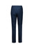 A pair of navy mid-waist slim leg pants viewed from the back, featuring a sleek design and pockets.