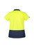A women's high visibility short sleeve polo in bright yellow and navy blue, featuring a logo on the sleeve.