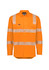 An orange long-sleeve work shirt with segmented reflective tape and two chest pockets, featuring a logo.