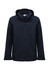 A navy blue men's rain jacket with a hood, featuring a zipper and side pockets, includes branding.