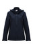A women's jacket in black, featuring a hood and zippered pockets, with a logo present.