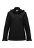 A black women's jacket with a hood, featuring a full zipper and side pockets, plus a branding logo.