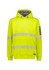 A bright yellow unisex hoodie featuring segmented reflective tape and a grey lining. Includes a logo on the sleeve.