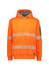 A bright orange unisex hoodie with segmented reflective tape and a front pocket. It features a logo on the sleeve.