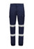Navy cargo pants featuring cuffed hems and reflective stripes, with a side pocket and a logo on the waistband.