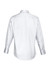 A white long sleeve button-up shirt featuring a smooth fabric and a simple design. It has a logo on the back.