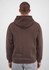 A brown hoodie with a large hood, featuring a plain back view. The model is wearing grey pants.