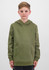 A green hoodie with a front pocket and a hood, featuring a branding logo on the front.
