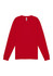A red long sleeve tee with a crew neck and a logo on the label.