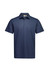 A navy short sleeve polo shirt with a collar and three buttons, featuring a logo on the chest area.