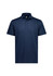 A navy short sleeve polo shirt with a collar and three buttons, featuring a logo.