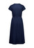 A navy midi dress with short sleeves and a belted waist, featuring a clean back design.