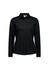 A black long sleeve button-up shirt for women featuring a collar and a logo.