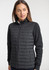 A black women's tailored jacket featuring a zip front, padded design, and pockets. Ideal for layering and style.
