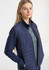 A women's tailor jacket in navy, featuring a zip front and a blend of quilted and smooth fabric.