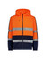 A unisex hi-vis full zip hoodie in bright orange and navy, featuring reflective tape stripes and a hood.
