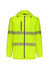 A bright yellow rain jacket with reflective stripes and a hood, featuring a zippered front and pockets.