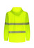 A packable rain jacket in bright yellow with reflective stripes and a hood, featuring a logo.