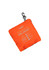 An orange packable rain jacket in a compact, square shape with a clip for attachment and a logo.