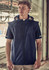 A navy unisex softshell jacket with a hood, featuring zip closure and short sleeves. It has a visible logo.
