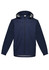 A navy unisex softshell jacket with a hood, featuring a zippered front pocket and a logo.