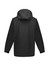 A black unisex softshell jacket with a hood, featuring long sleeves and a sleek design. It has a logo on the back.