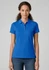 A women's short sleeve polo shirt in vibrant blue, featuring a collar and a logo.