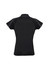 A black women's polo shirt featuring short sleeves and a fitted design, with a contrasting stitch line and a logo.