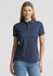 A women's short sleeve polo shirt in navy blue, featuring a collar and a logo.