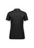 A women's short sleeve polo shirt in black with yellow trim and a logo on the back.