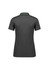 A women's short sleeve polo shirt in dark grey with green trim and a logo on the back.