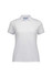 A white women's short sleeve polo shirt with a collar and a logo on the upper left.