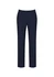 A pair of navy women's slim leg pants, featuring a bandless design, ideal for casual or formal wear.