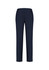 Navy blue women's slim leg pants with a bandless design and a single back pocket. Includes a logo.