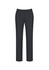 A pair of black slim-leg pants with a bandless design and a front pocket. Features a logo on the waistband.