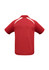 A red short sleeve polo shirt featuring white accents and a logo. Suitable for kids.