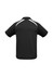 A black kids' polo shirt with short sleeves and white detailing on the back, featuring a logo.