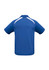 A blue kids’ polo shirt with short sleeves and a white detailing, featuring a logo on the back.