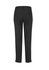 A pair of black women's slim leg pants featuring a waistband and back pockets. The fabric has a smooth finish.