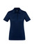 A women's short sleeve polo shirt in navy blue with a collar and a logo on the chest.