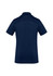 A navy blue women's short sleeve polo shirt with a collar and a logo on the back.