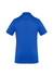 A blue women's short sleeve polo with a classic collar and a branding logo on the back.