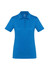 A bright blue women's short sleeve polo shirt featuring a collar and button placket, with a logo on the chest.