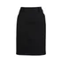 A black multi-pleat skirt with a fitted waistband, featuring a logo. Suitable for various occasions.