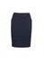 A dark navy multi-pleat skirt with a tailored fit and pockets. Features a branded logo on the waistband.
