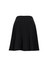 A black bandless flared skirt with a smooth silhouette and back zip closure.