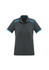 A women's short sleeve polo shirt in dark grey with blue accents and a patterned yoke. It features a logo.